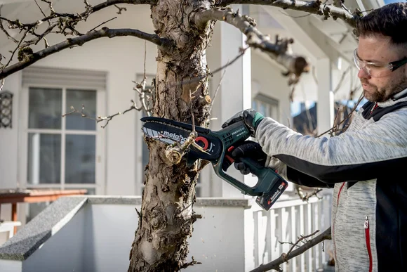 Person schneidet Ast mit Akku-Säge