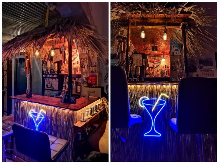 Selbstgebaute Bambusbar mit Neonlicht