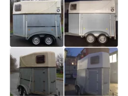 Vier Bilder eines Pferdeanhängers vor und nach der Reinigung