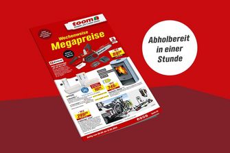 Das Titelblatt eines Baumarkt-Prospekts mit wöchentlichen Angeboten auf rotem Hintergrund.