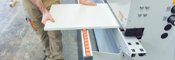 Person legt Holzplatte in Maschine