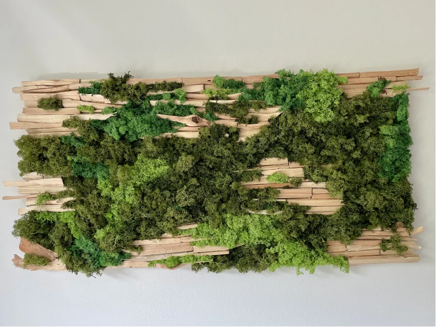 Wanddekoration aus Moos und Holz