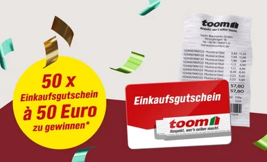 Grafik eines Gewinnspiels für Einkaufsgutscheine mit einem Kassenbon und Konfetti.