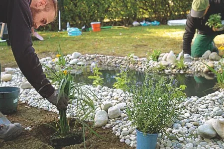 Zwei Personen beim Anlegen eines Gartenteichs