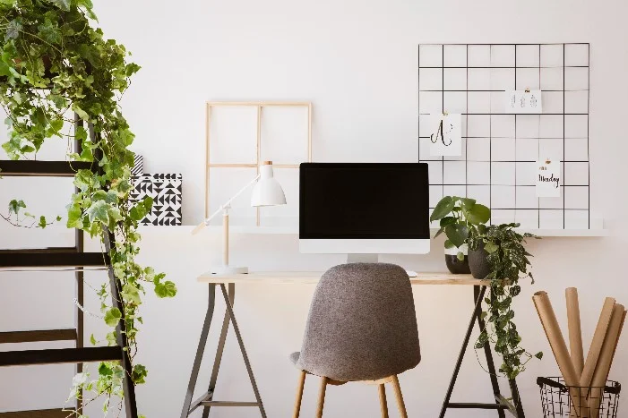 Heller Arbeitsplatz mit Pflanzen