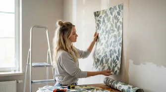 Person rollt Tapete auf Tisch aus