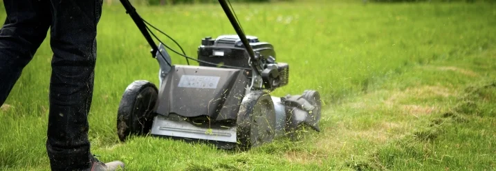 Person mäht Rasen mit Rasenmäher