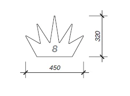 Technische Zeichnung einer Krone mit Bemaßung und der Ziffer acht.