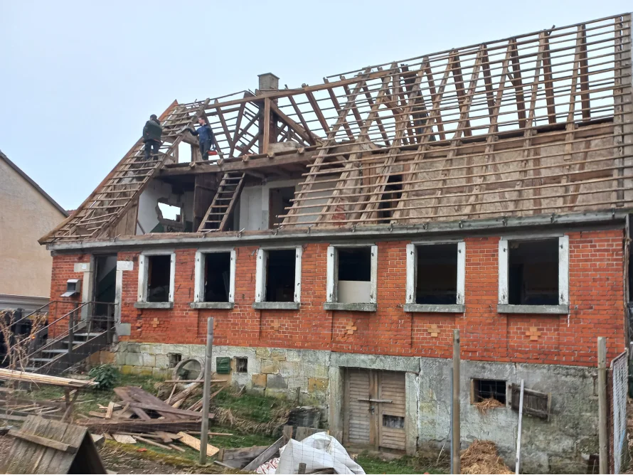 Zwei Personen reparieren Dachstuhl