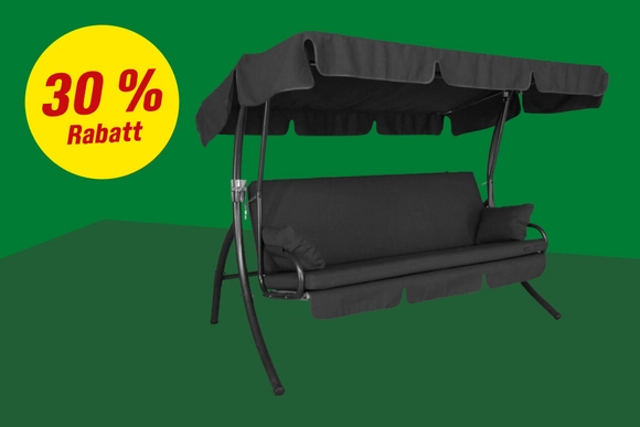30 % Rabatt. Schwarze Hollywoodschaukel mit Sonnendach vor grünem Hintergrund.