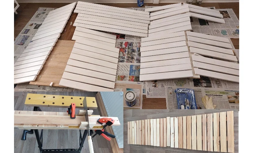 Bildcollage: Holzlatten werden mit einer Säge zugeschnitten und weiß gestrichen.
