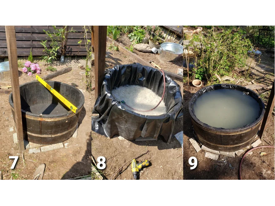 Teichbau mit Holzfass und Teichfolie