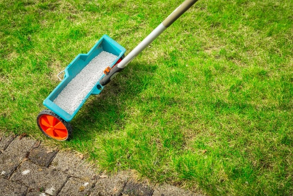 Düngerstreuer auf grünem Rasen