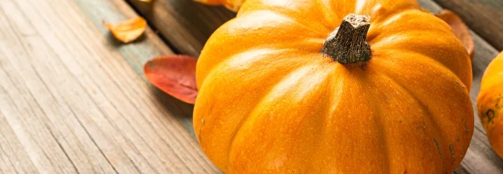 Drei Kürbisse und Herbstlaub auf Holz