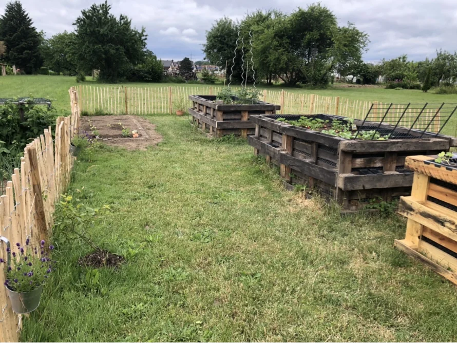 Garten mit Hochbeeten aus Paletten