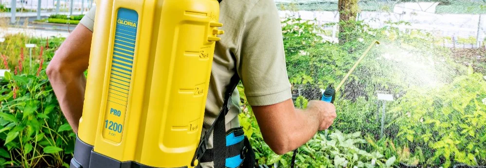 Person sprüht Pflanzen mit Rückenspritze