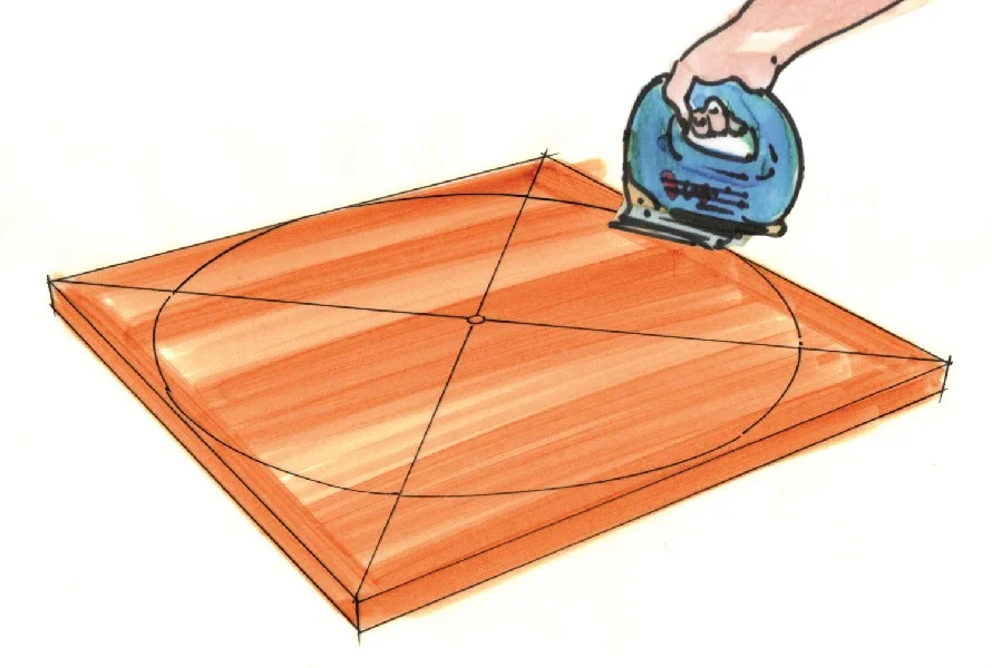 Person schneidet mit Stichsäge einen Kreis aus Holzplatte