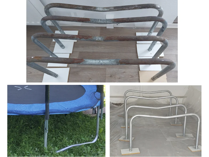 Verrostetes Trampolin-Sicherheitsnetz vor und nach der Renovierung