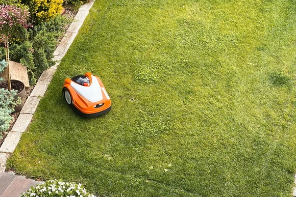 Mähroboter auf grünem Rasen