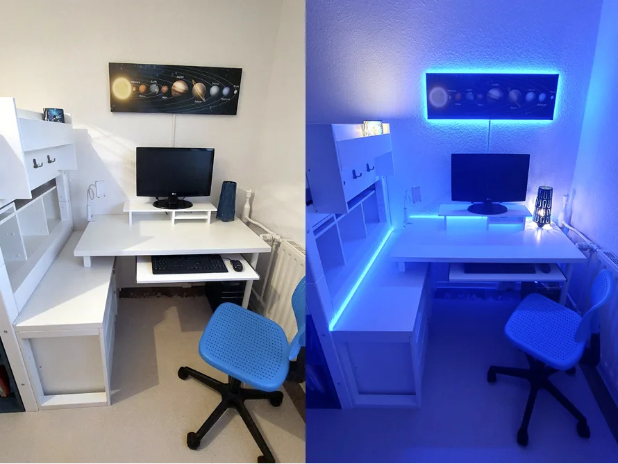 Vorher-Nachher-Vergleich eines Schreibtischs mit und ohne blaue LED-Beleuchtung.