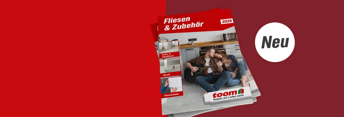 Ein Werbebanner zeigt den neuen Katalog für Fliesen und Zubehör.