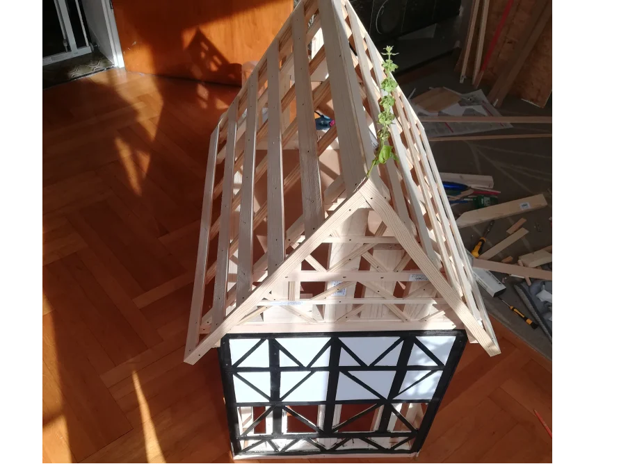 Holzgerüst eines Gartenhauses im Bau