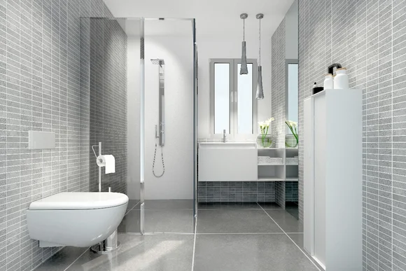 Modernes Badezimmer mit grauen Fliesen