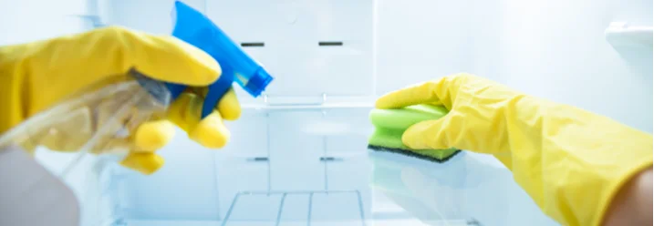 Kühlschrankreinigung mit Schwamm und Sprühflasche