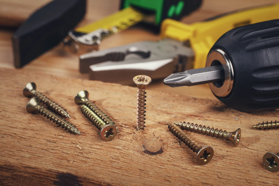 Schrauben und Akkuschrauber auf Holz