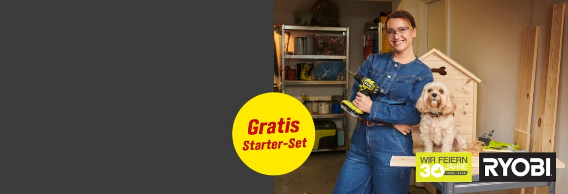 Gratis Starter-Set. Mensch mit Akkuschrauber und Hund neben einer selbstgebauten Hundehütte.