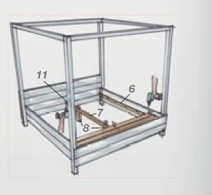 Montagezeichnung eines Himmelbetts, das mit Akkuschraubern zusammengebaut wird.