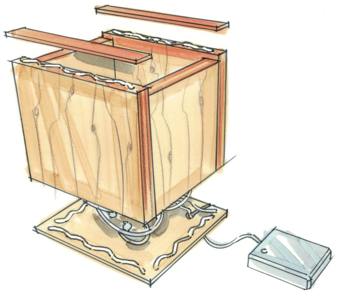 Skizze einer quadratischen Kinderlampe aus Holz.