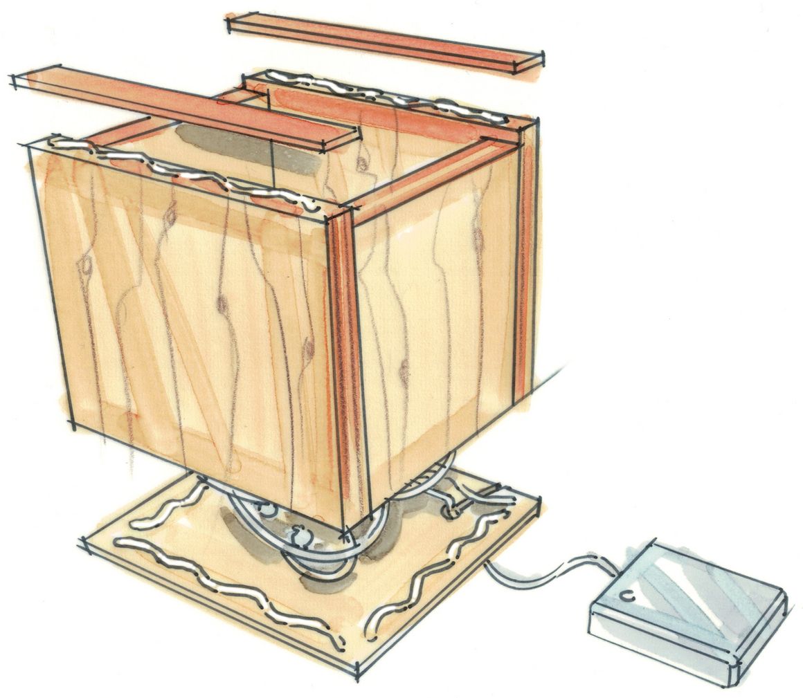 Skizze einer quadratischen Kinderlampe aus Holz.