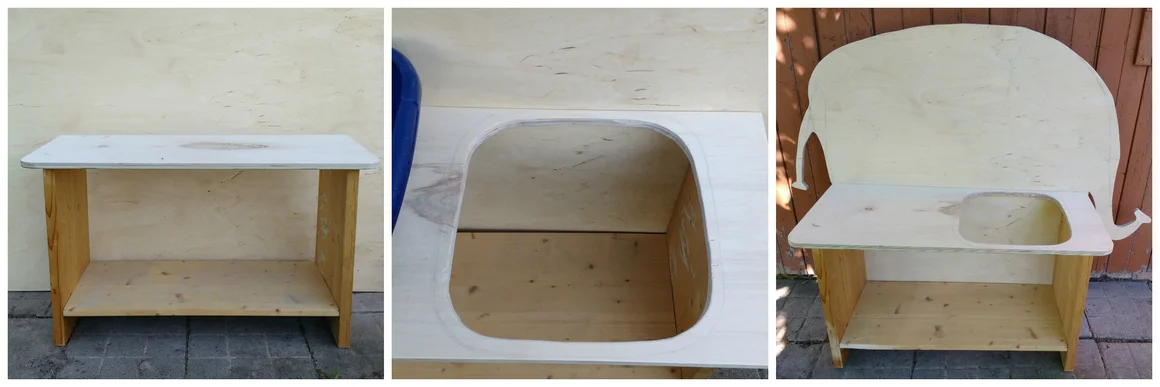 Dreiteilige Darstellung vom Bau einer Matschküche