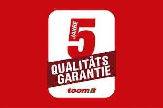 Logo für 5 Jahre Qualitätsgarantie auf rotem Hintergrund.