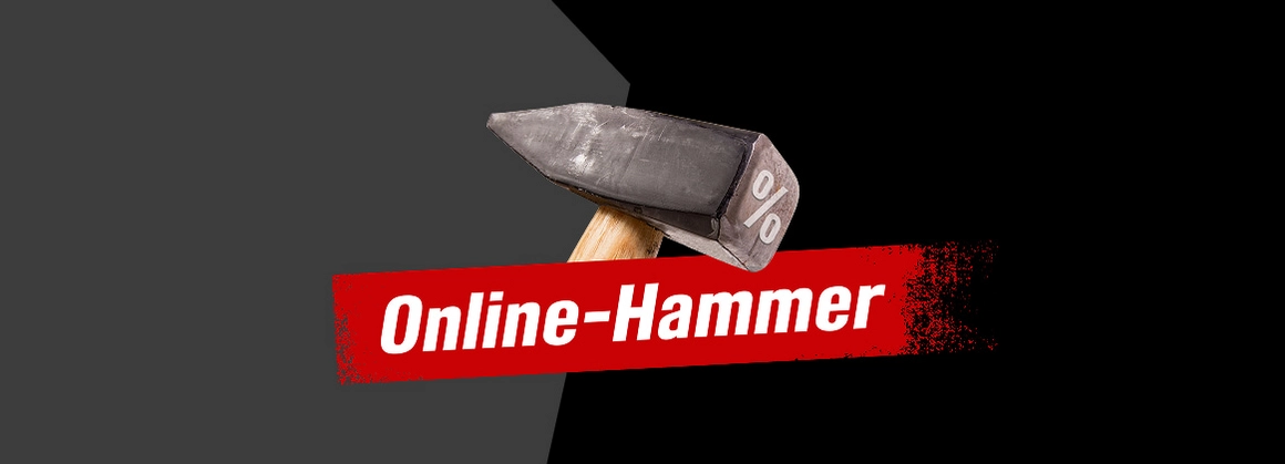 Ein Hammer auf dunklem Hintergrund mit dem Schriftzug "Online-Hammer"