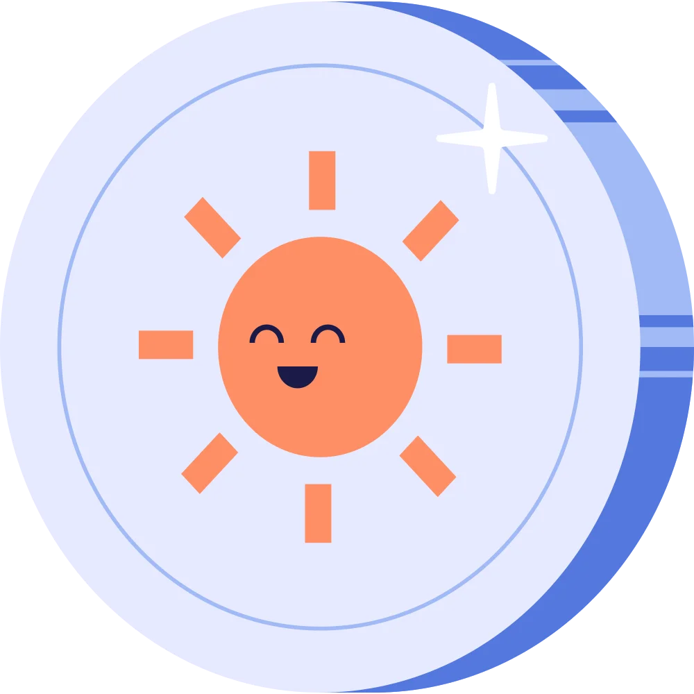 Glückliche Sonne auf einer blauen Münze