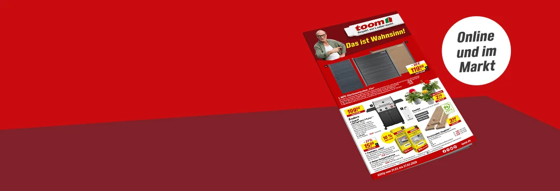 Werbebanner mit einem Baumarktprospekt und dem Hinweis 'Online und im Markt'.