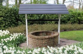 Klassischer Brunnen mit Dach auf Blumenwiese.