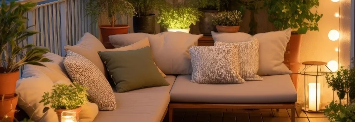 Gemütlicher Balkon mit Pflanzen und Beleuchtung