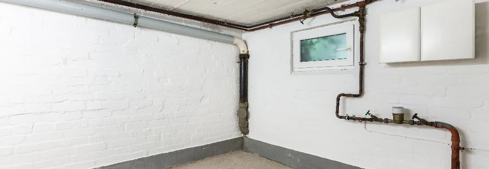 Kellerraum mit Rohren an weißen Wänden