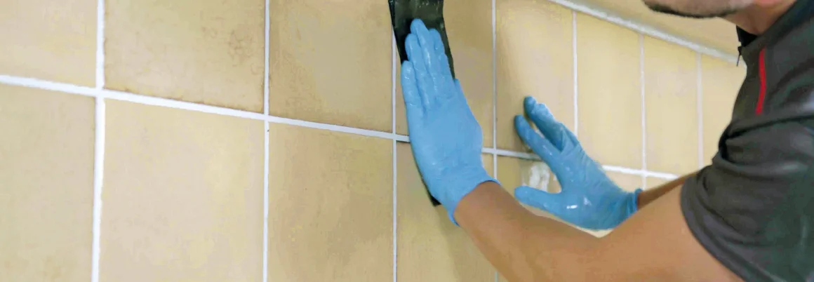 Person trägt Dichtmittel auf Fliesen auf