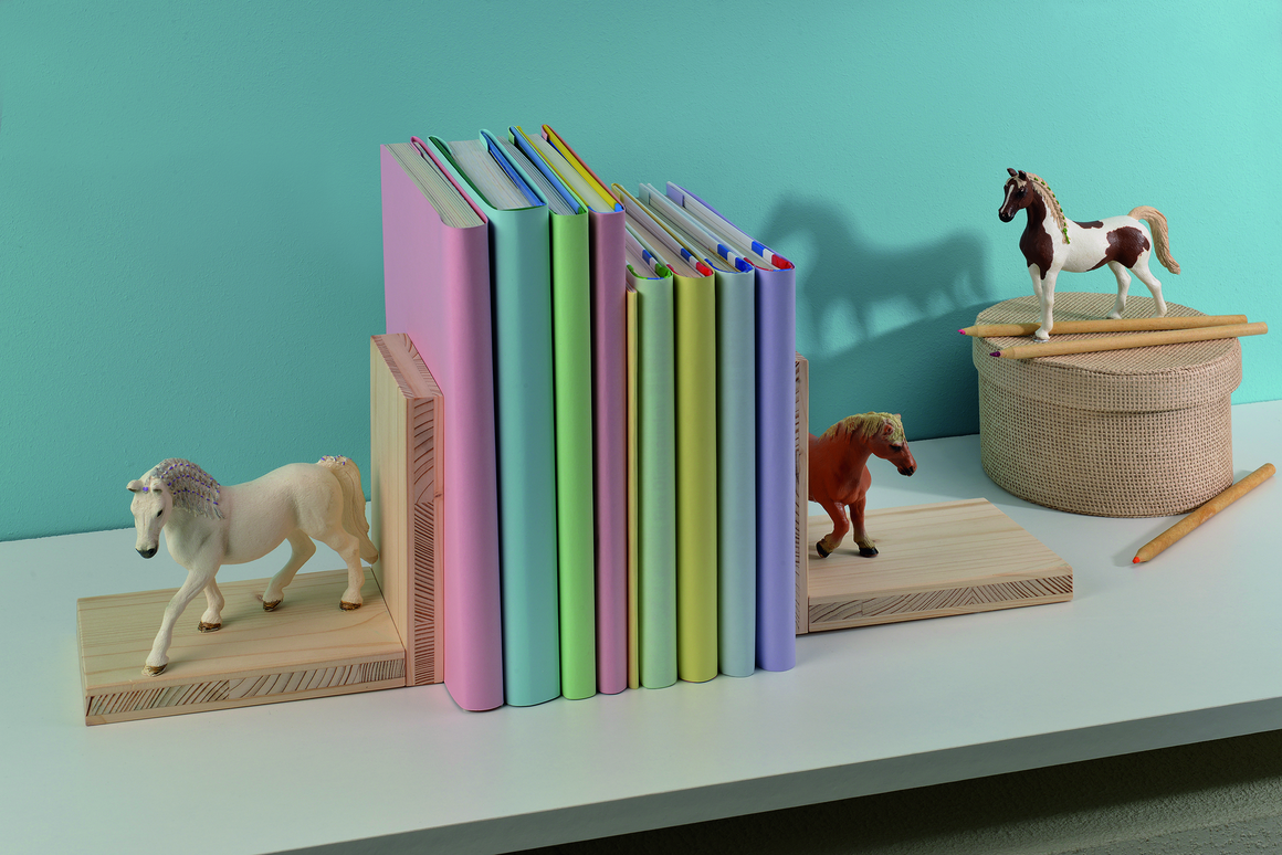 Bunte Bücher zwischen Buchstützen mit Pferden