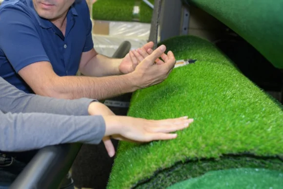 Zwei Personen begutachten Kunstrasen