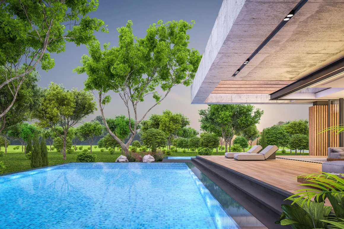 Moderner Pool mit Terrasse und Garten