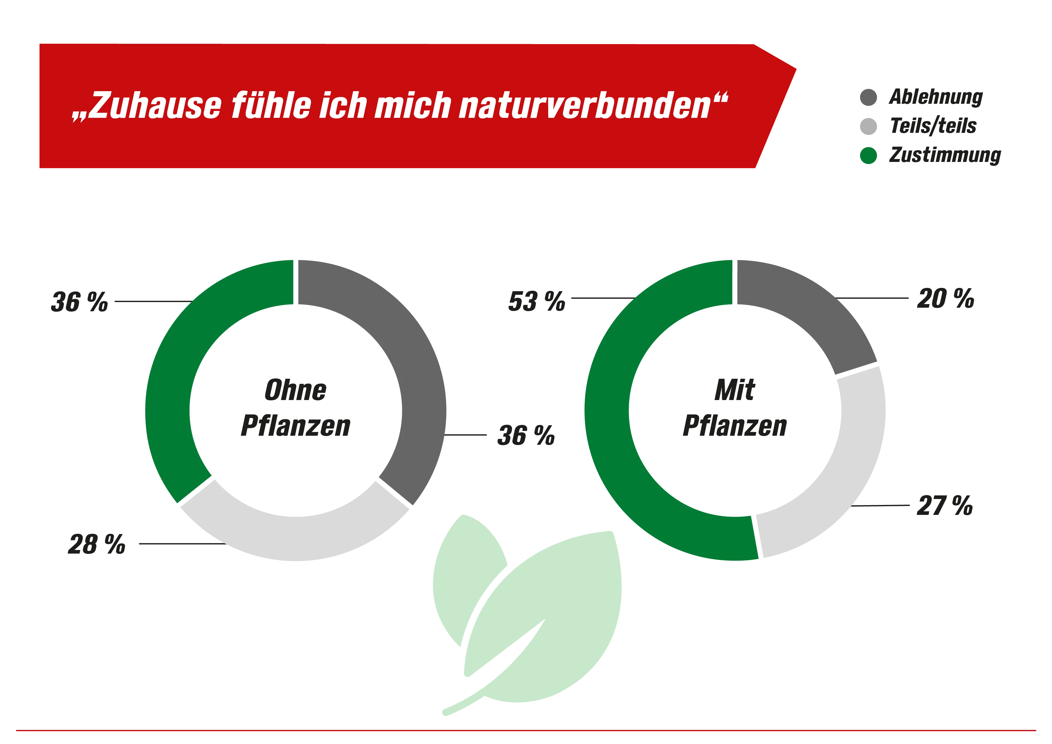 Kreisdiagramm-Vergleich zur Aussage „Zuhause fühle ich mich naturverbunden“: Pflanzenbesitzende stimmen mit 53 % zu, ohne Pflanzen nur 36 %. 
