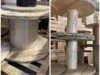 Zwei Ansichten einer leeren Holzspule