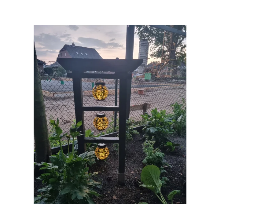Drei Solarlaternen in einem Garten