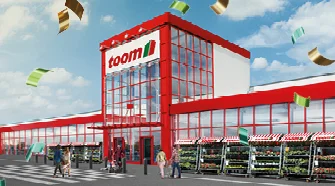 Fassade eines roten Baumarktes mit Menschen und fallenden Geldscheinen.