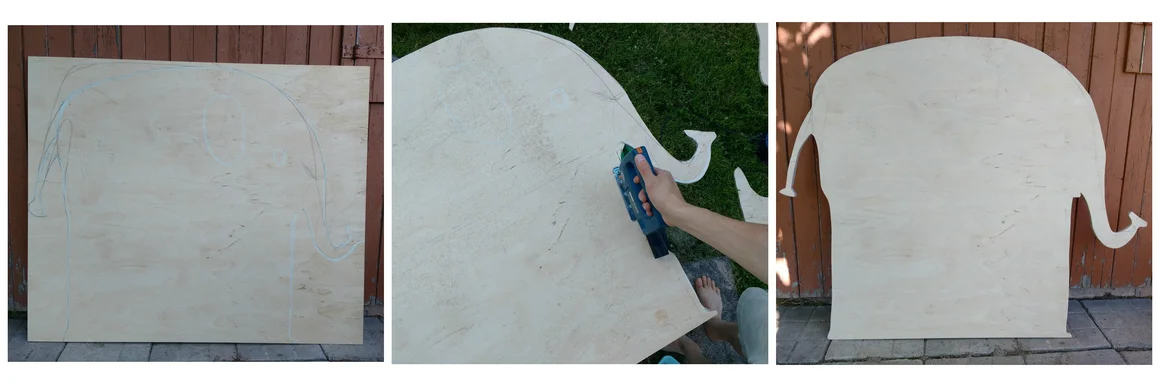 Person sägt Elefanten aus Holzplatte